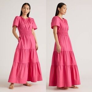 Quince (S) Pink Organic Cotton Poplin Tiered Short Sleeve Maxi Dress